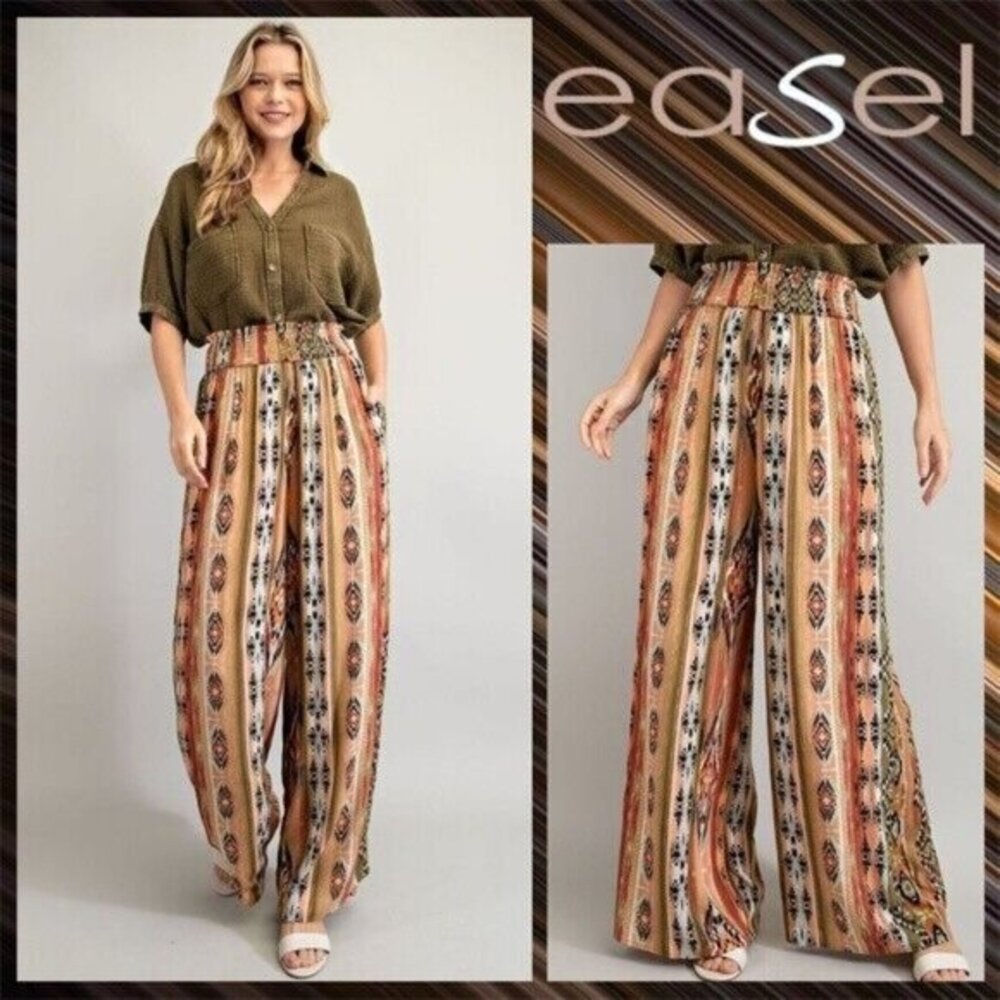 EASEL Aztec Print Lightweight Flowy Gauze Pants Wide Leg Smocked Waist & Pockets